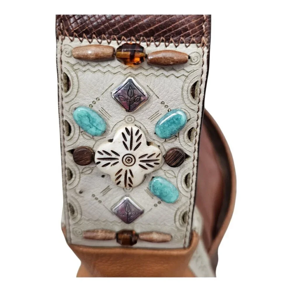 BRIGHTON SAHARA Two Tone Leather Hobo Turquoise Beaded Brown Shoulder Bag